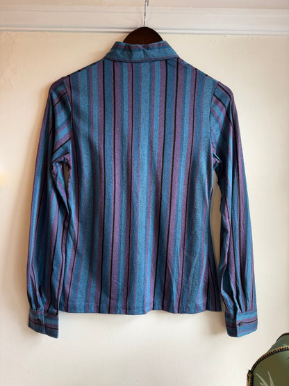Vintage 1970s Blue and Purple Striped Long Sleeve Blouse - Size Small