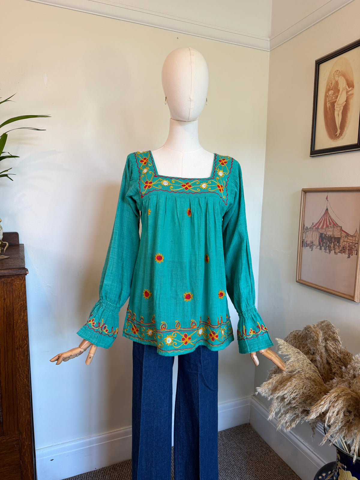 Vintage 1970s Turquoise Embroidered Cotton Smock Top - Size Medium