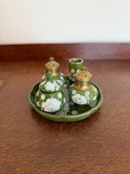 Vintage 1970s Hand Painted Thai Green Floral Ceramic Condiment Set