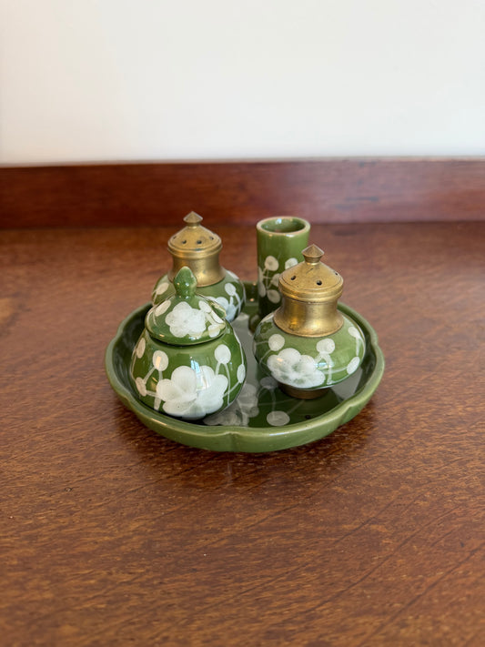 Vintage 1970s Hand Painted Thai Green Floral Ceramic Condiment Set