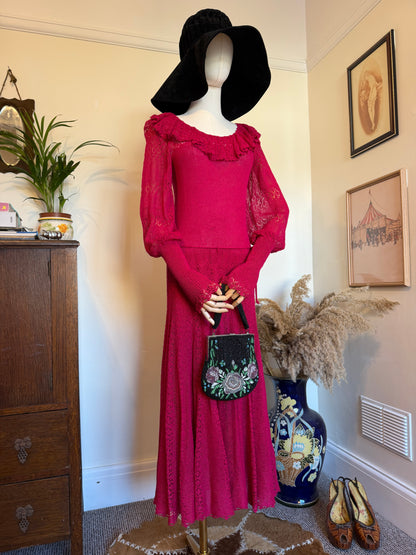 Vintage 1970s Crochet Lace Raspberry Maxi Dress - Size Small