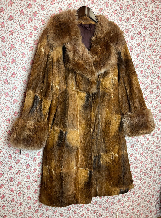 Vintage 1970s Super Shag Faux Hide Coat with Fur Trims