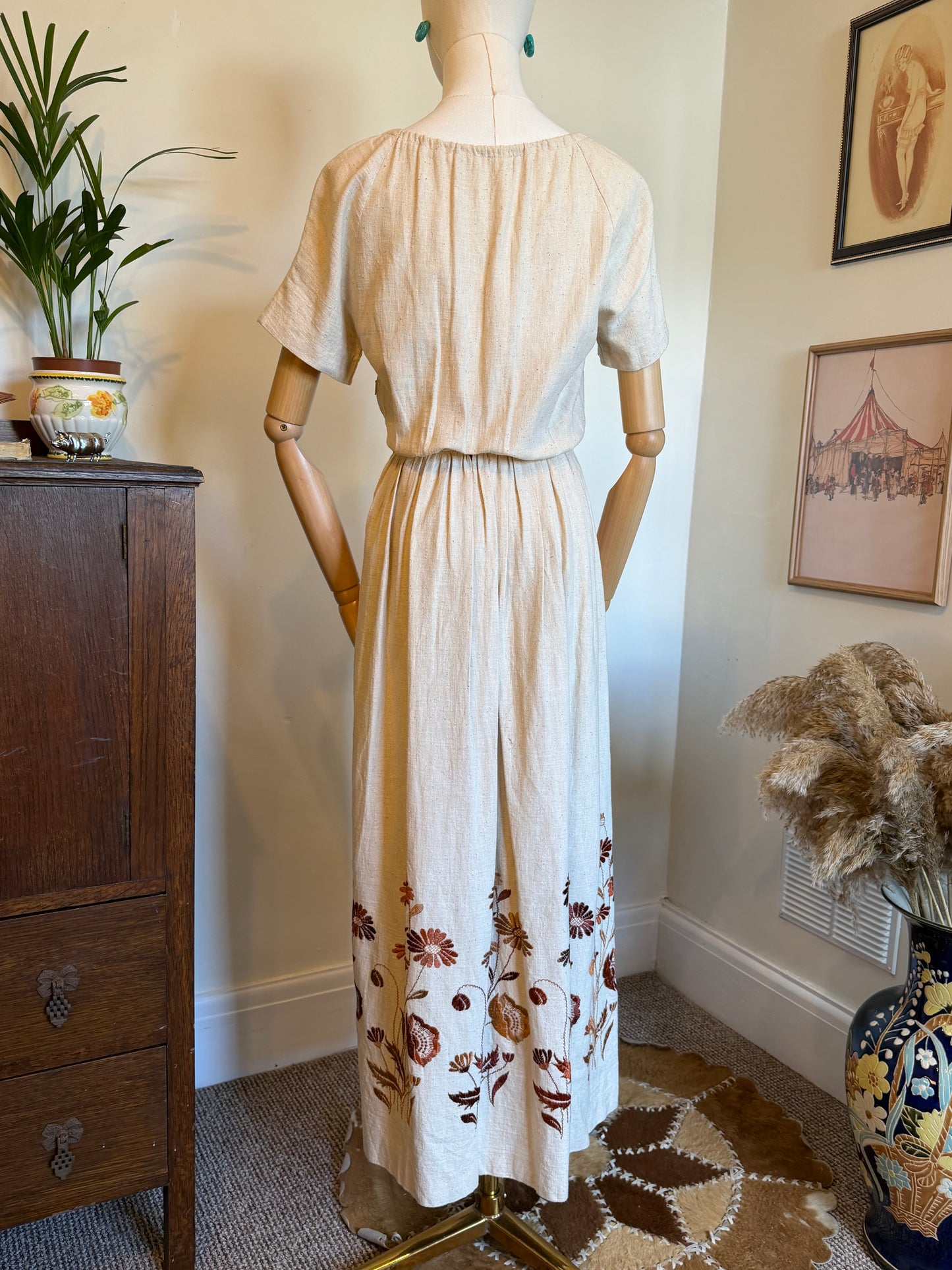 Vintage 1970s Hand Made Embroidered Linen Dress