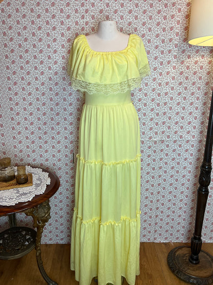 Vintage 1950s Nu-Made Yellow Bardot Tiered Maxi Dress