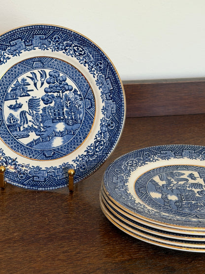 Vintage Staffordshire Blue & White Transferware Plate Set (6 Plates)