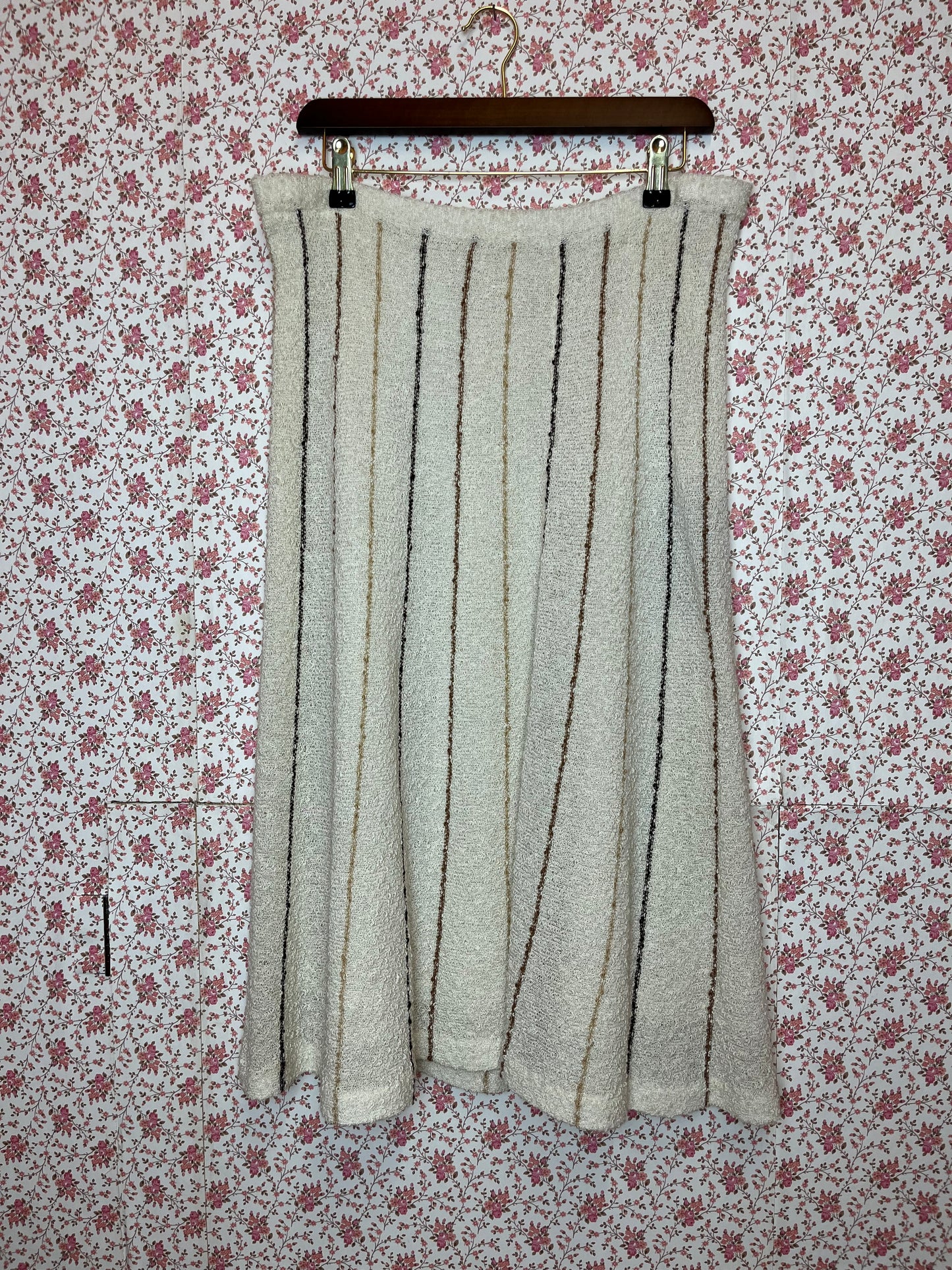 Vintage 1970s Textured Cotton Cream and Brown Striped A Line Skirt