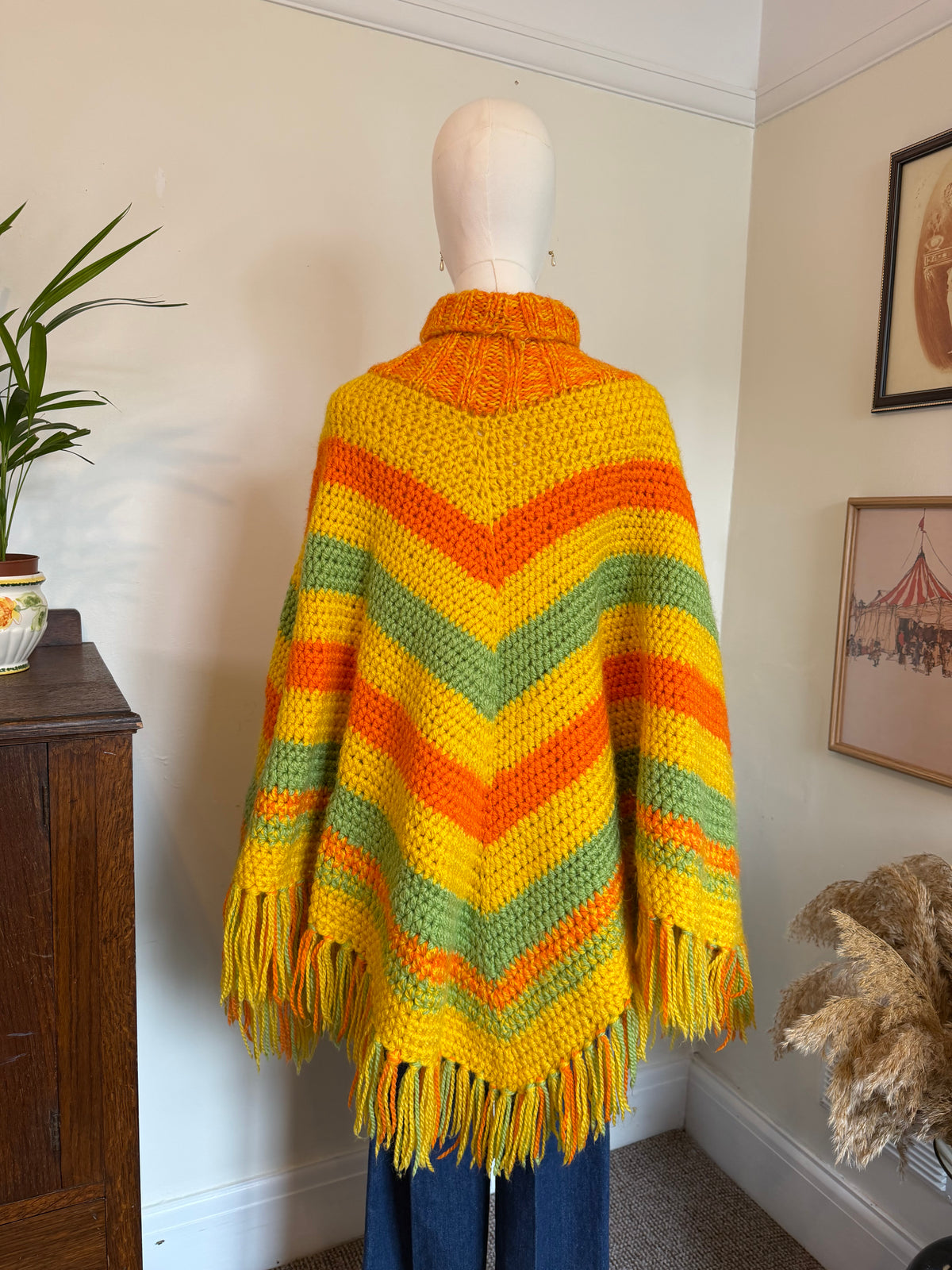 Vintage 1970s Multicolour Crochet Striped Fringed Poncho
