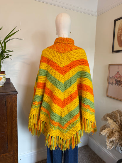 Vintage 1970s Multicolour Crochet Striped Fringed Poncho