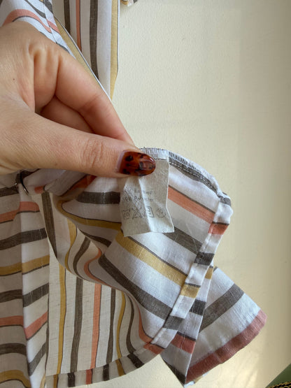 Vintage 1970s Pastel Stripe Mandarin Collar Button Front Blouse - Size Medium