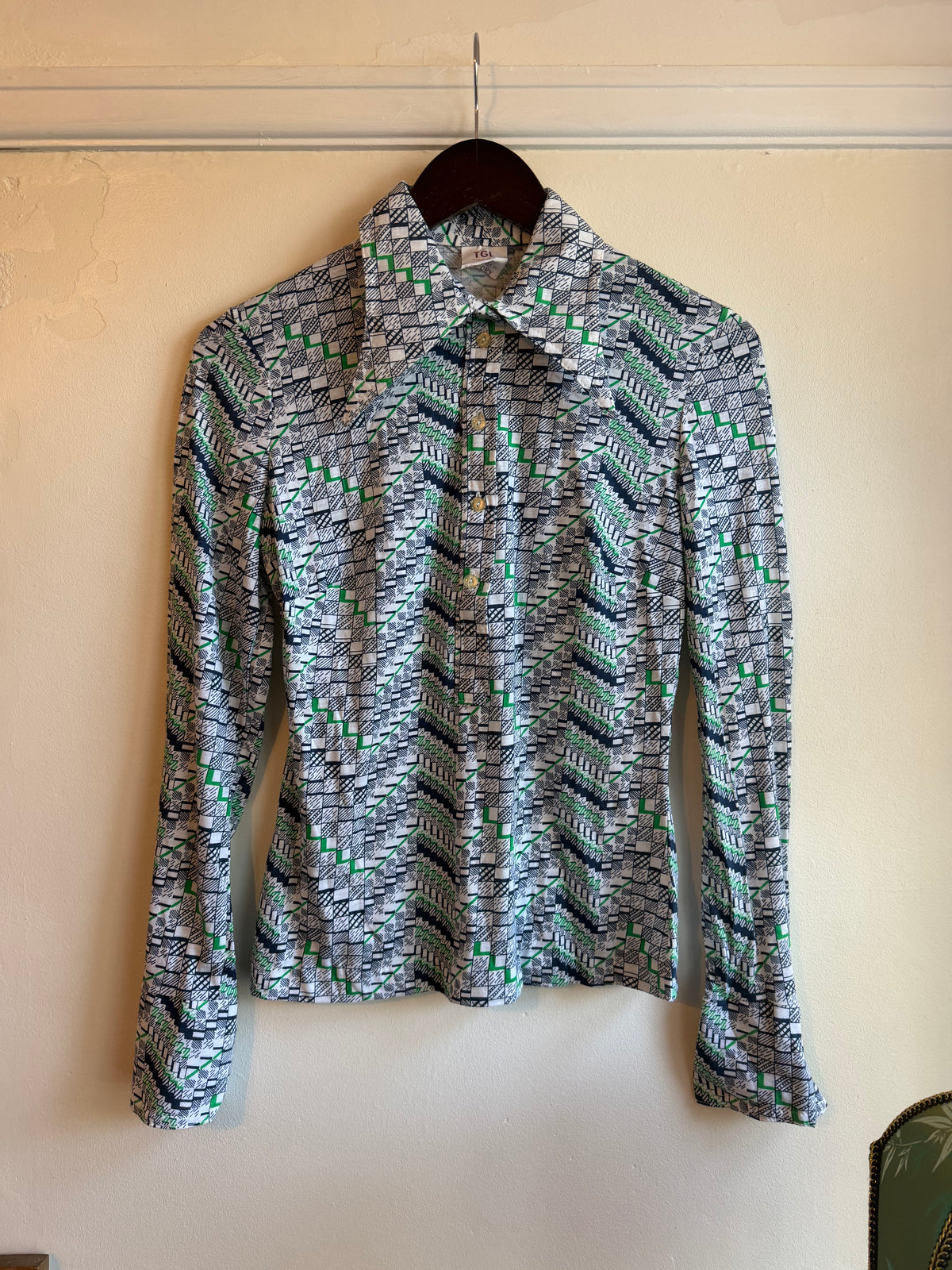 Vintage 1970s Green Geometric Pattern Flared Cuff Shirt - Size Medium