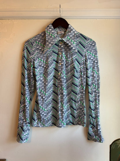 Vintage 1970s Green Geometric Pattern Flared Cuff Shirt - Size Medium