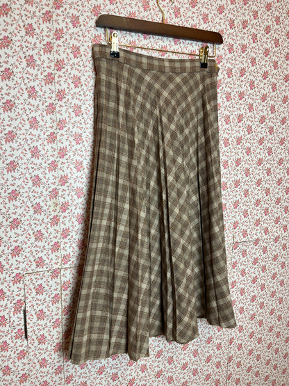 Vintage 1970s Wool Blend Checked Pleated Midi Skirt in Beige