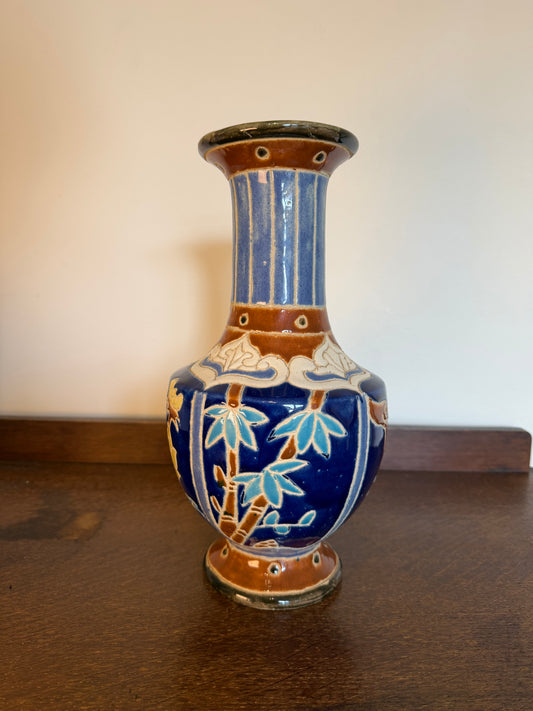 Vintage 1960s Japanese Style Blue Floral Glazed Ceramic Vase