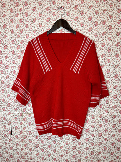 Vintage Original 1960s Hand Knitted Red Jumper Top with White Stripe