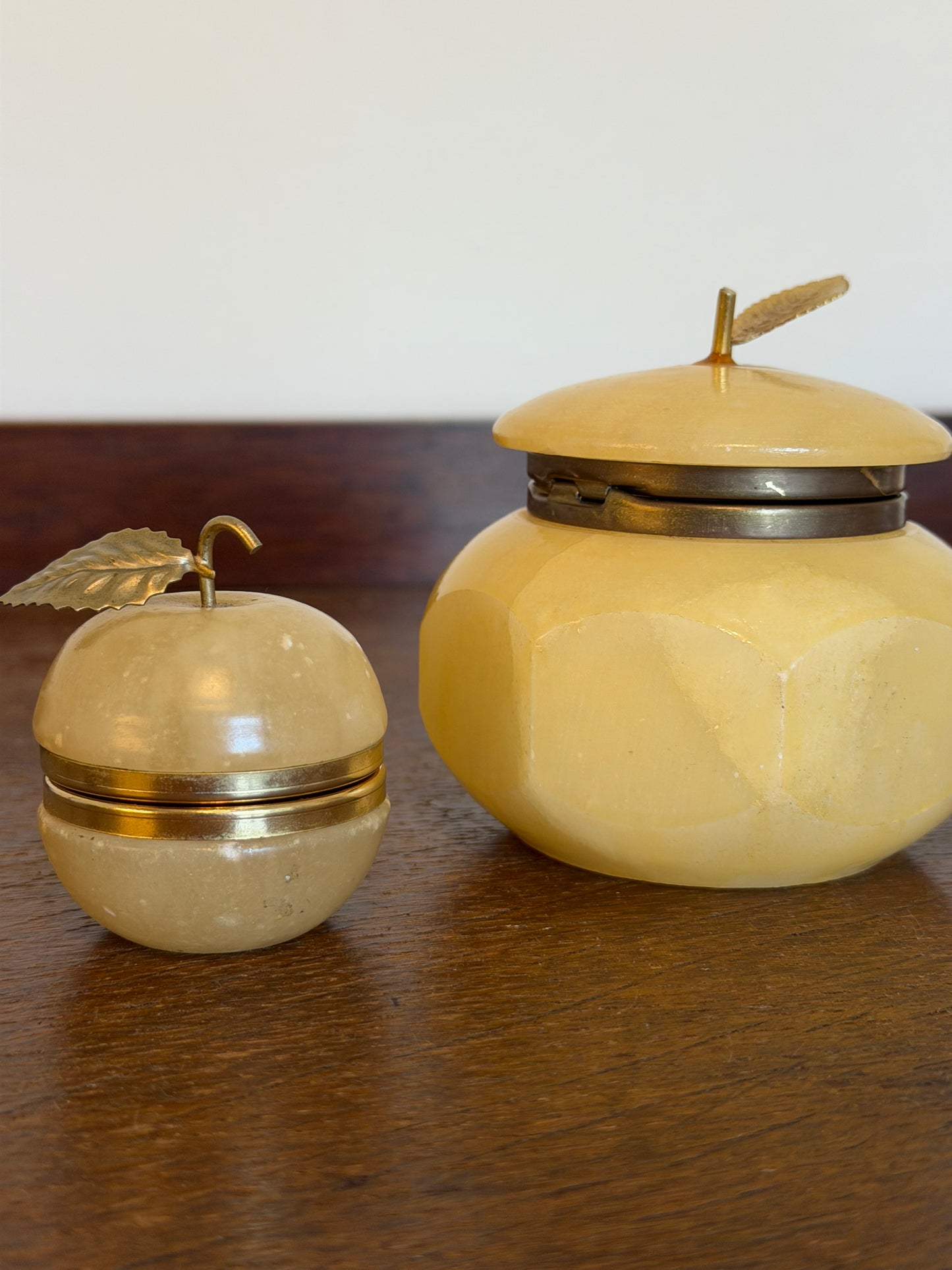 Vintage Alabaster Apple Trinket Box & Faceted Alabaster Jewellery Pot Set