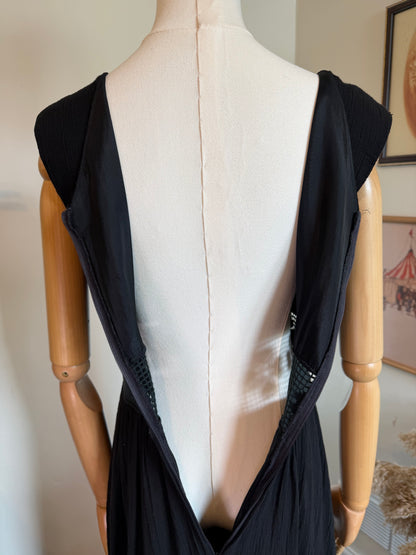 Vintage 1970s Black Cotton Cheesecloth Maxi Dress with Crochet Waist Detail