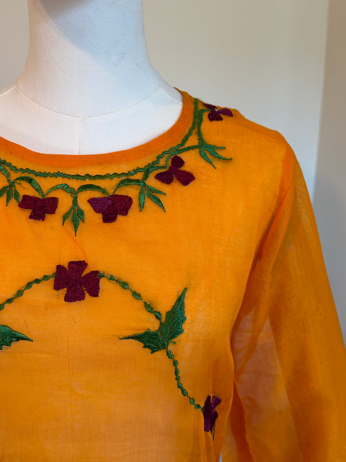 Vintage 1970s Orange Sheer Cotton Floral Embroidered Blouse - Size Medium