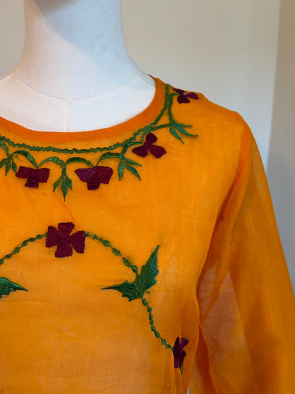 Vintage 1970s Orange Sheer Cotton Floral Embroidered Blouse - Size Medium