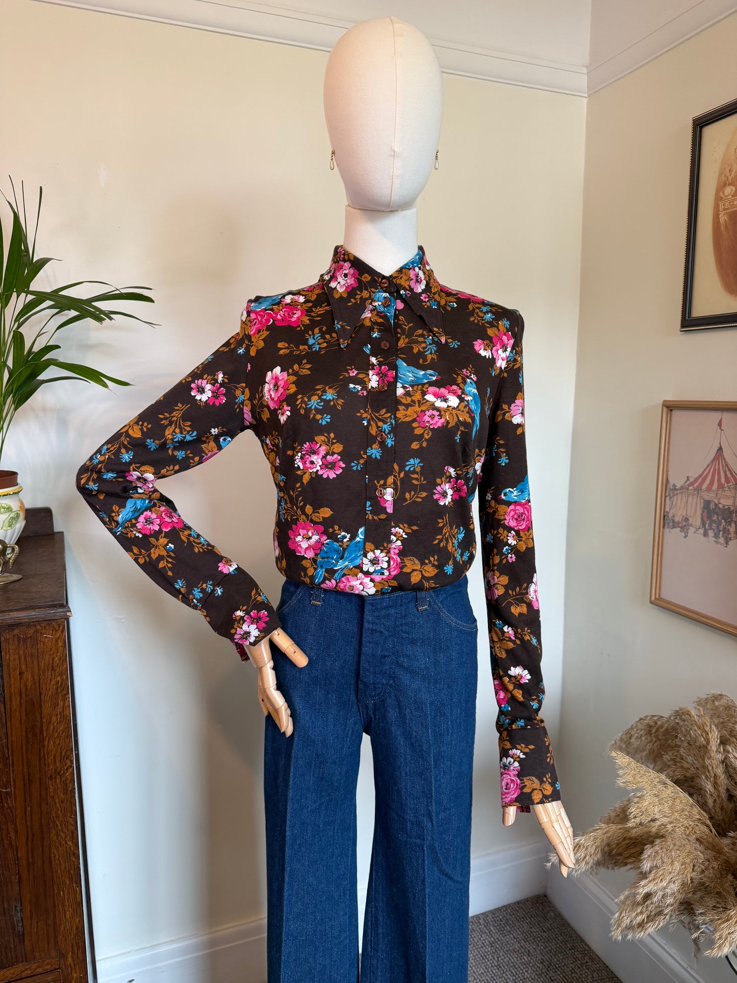 Vintage 1970s Chocolate Brown Floral Popover Shirt - Size Medium