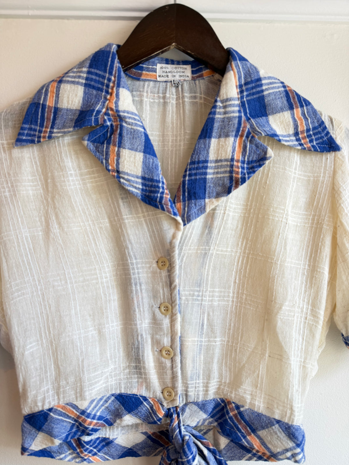 Vintage 1970s Blue Checked Collar Cotton Tie Front Blouse - Size Small/Medium