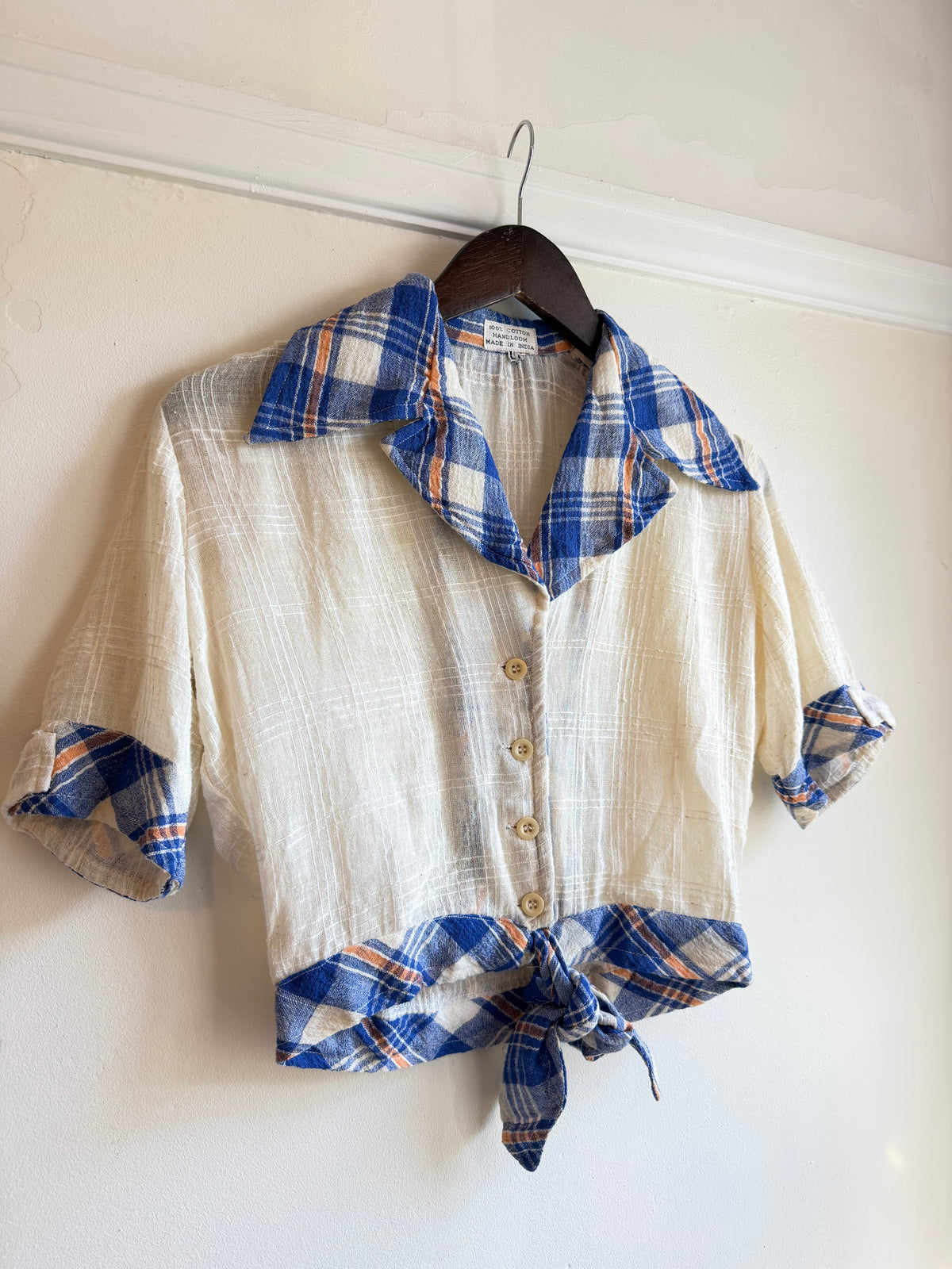 Vintage 1970s Blue Checked Collar Cotton Tie Front Blouse - Size Small/Medium