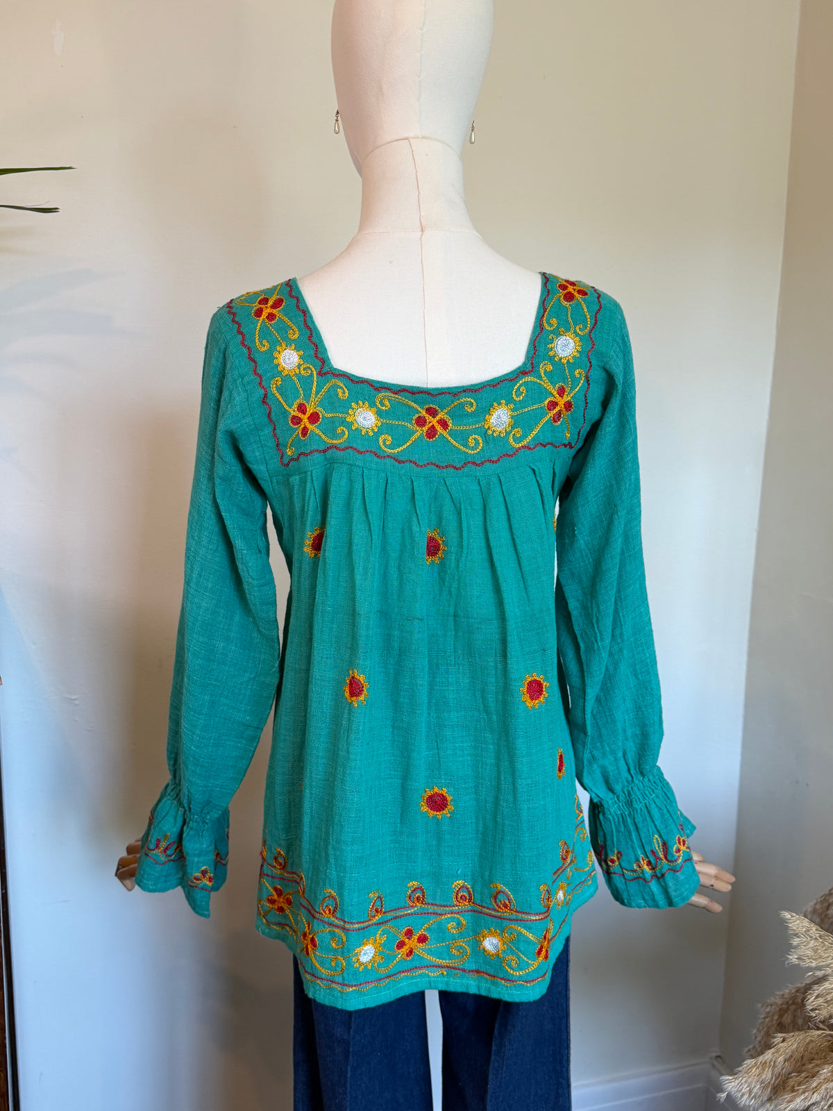 Vintage 1970s Turquoise Embroidered Cotton Smock Top - Size Medium