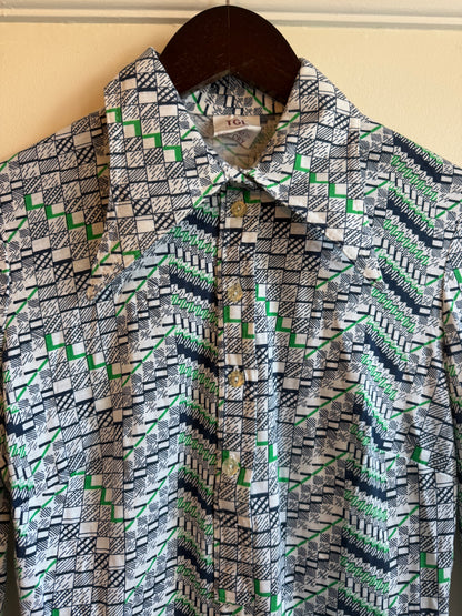 Vintage 1970s Green Geometric Pattern Flared Cuff Shirt - Size Medium