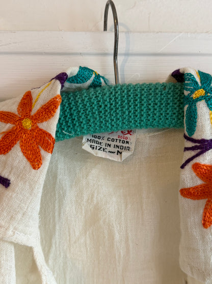 Vintage 1970s Embroidered Cotton Cropped Tie Front Blouse - Size Small