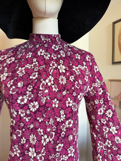 Vintage 1970s Purple Floral High Neck Bell Sleeve Maxi Dress - Size Small