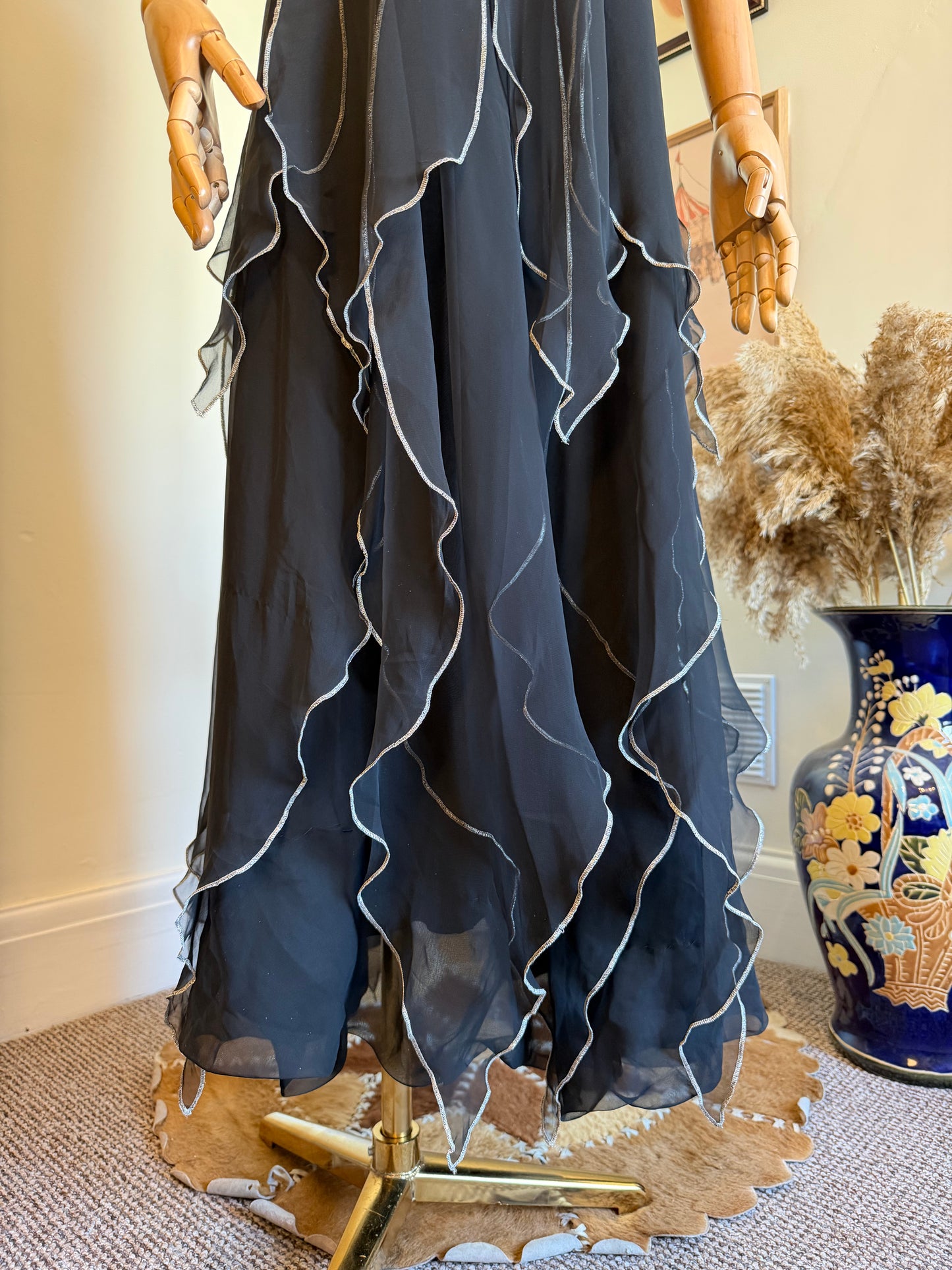 Vintage 1970s Vera Mont Black & Silver Handkerchief Dress - Size Small