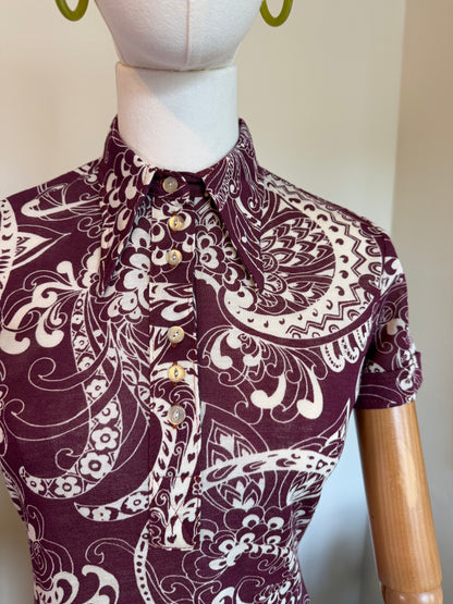 Vintage 1970s Burgundy Paisley Short Sleeve Blouse - Size Small