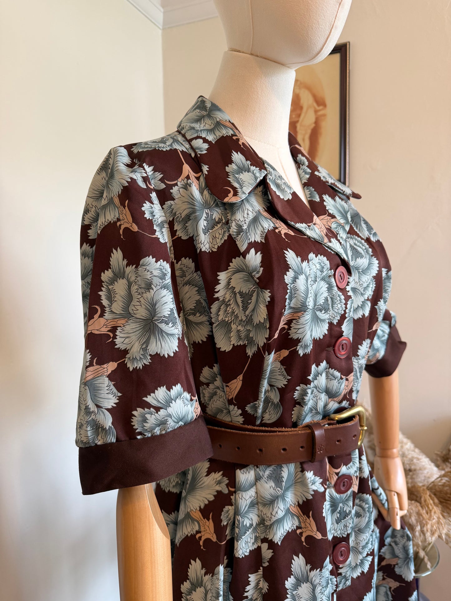 Vintage 1970s Brown & Blue Floral Tea Dress - Size Large