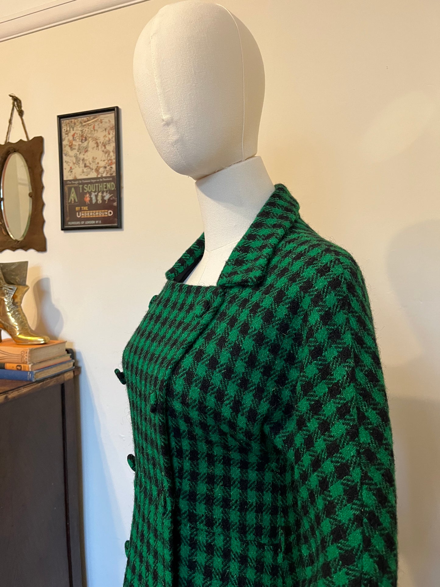 Vintage 1950s Green & Black Checked Wool Coat