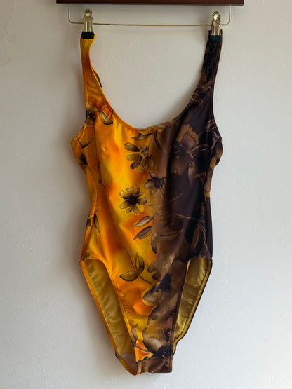 Vintage 1970s Mustard & Chocolate Floral Swimsuit