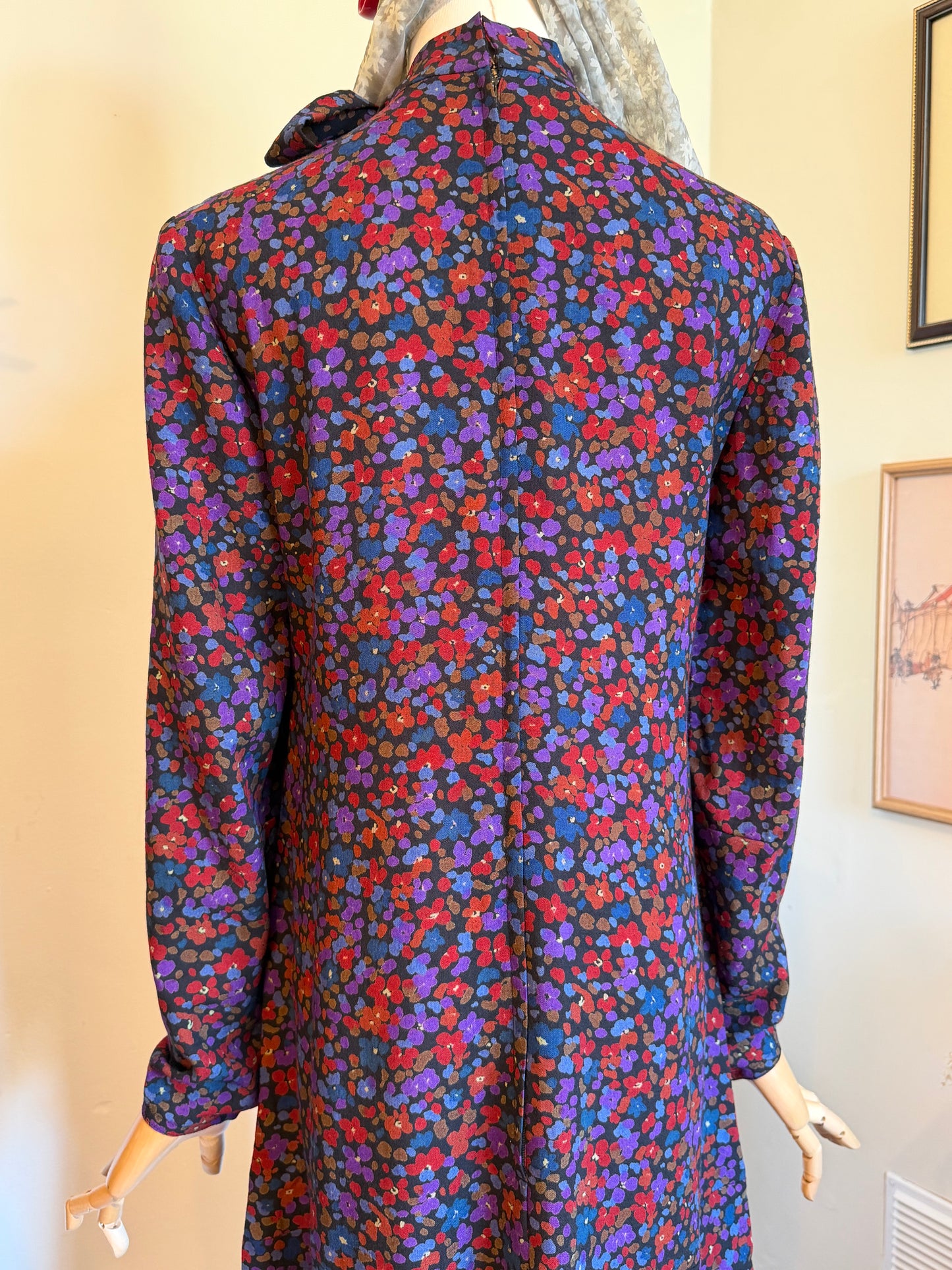 Vintage 1970s Wool Blend Ditsy Print Midi Dress - Size Small/Medium