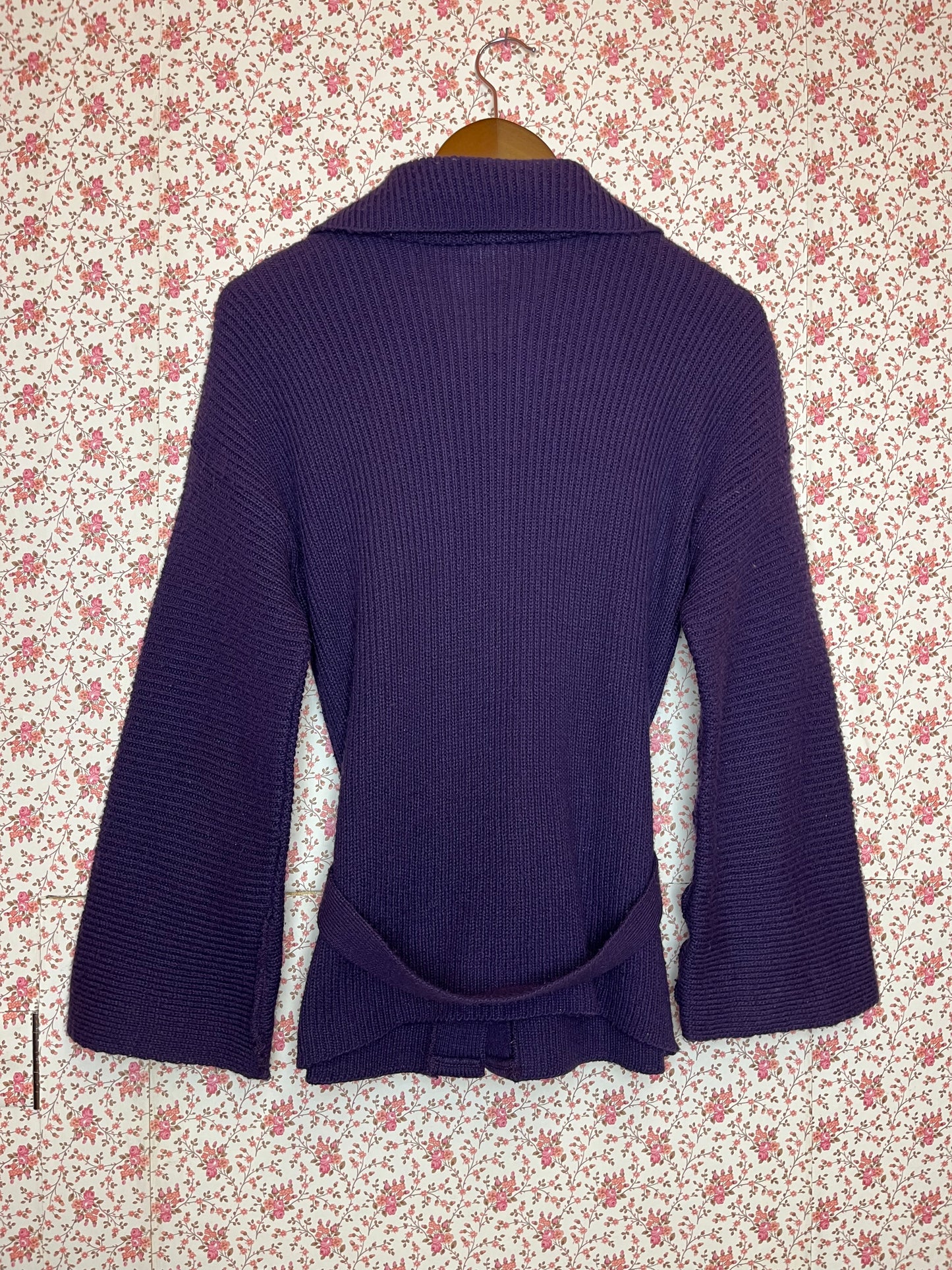 Vintage 1970s Wahls Knitted Ribbed Purple Cardigan with Tie