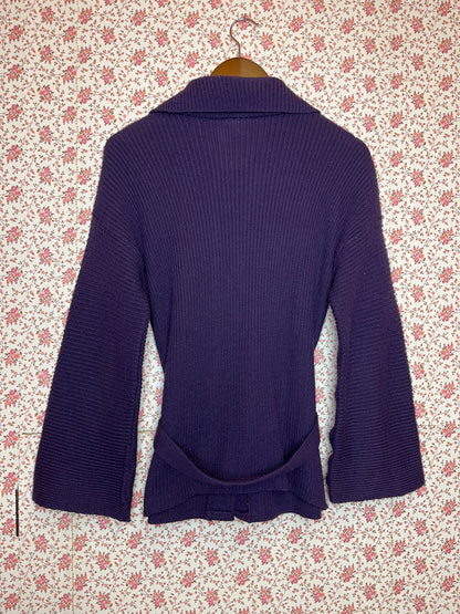 Vintage 1970s Wahls Knitted Ribbed Purple Cardigan with Tie