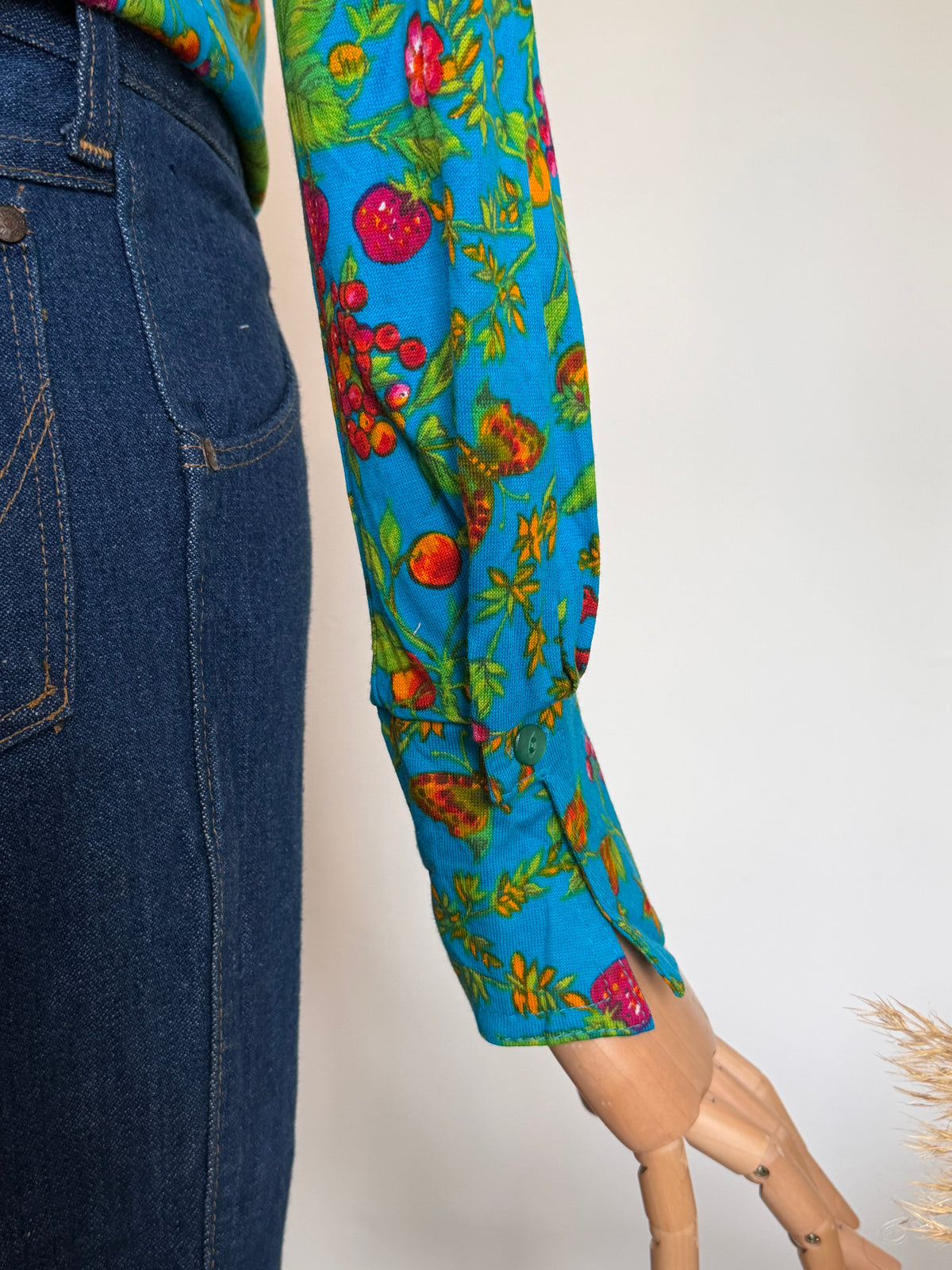 Vintage 1970s TGL Stockholm Turquoise Botanical Print Shirt - Size Small