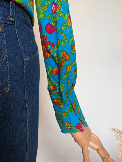 Vintage 1970s TGL Stockholm Turquoise Botanical Print Shirt - Size Small