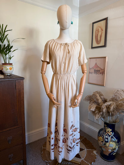 Vintage 1970s Hand Made Embroidered Linen Dress