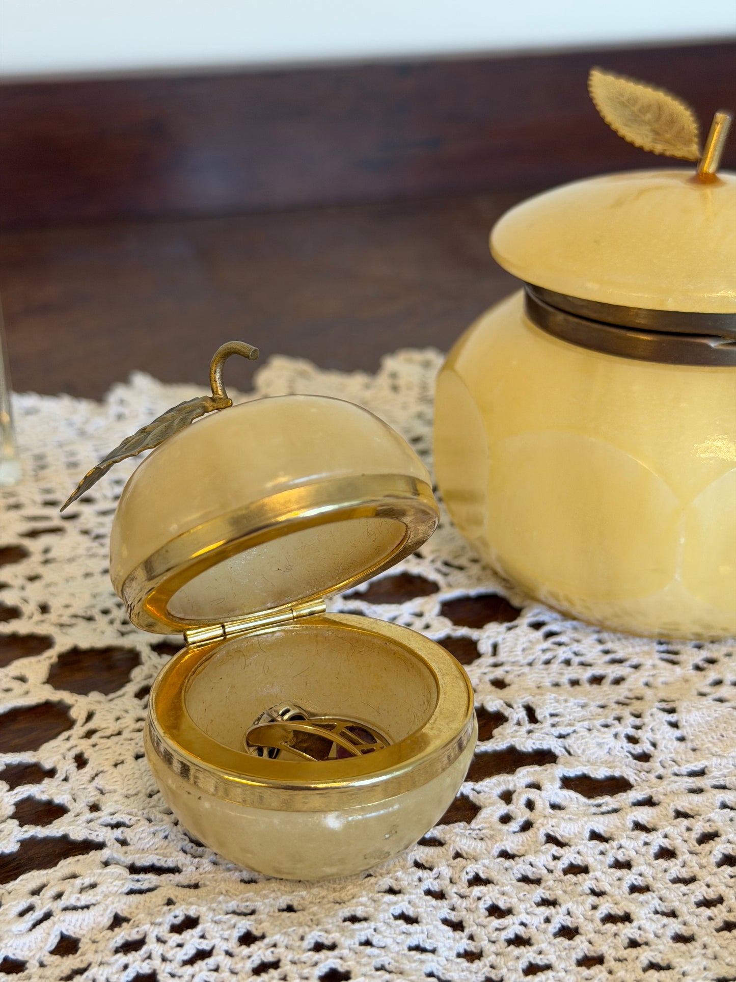 Vintage Alabaster Apple Trinket Box & Faceted Alabaster Jewellery Pot Set