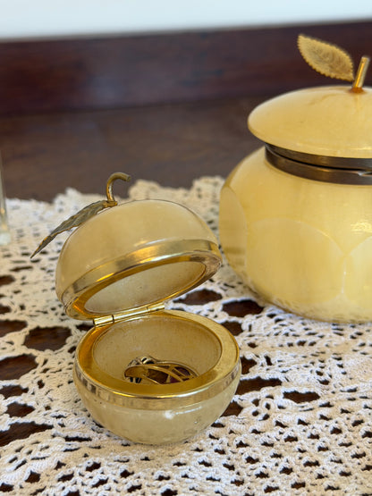 Vintage Alabaster Apple Trinket Box & Faceted Alabaster Jewellery Pot Set