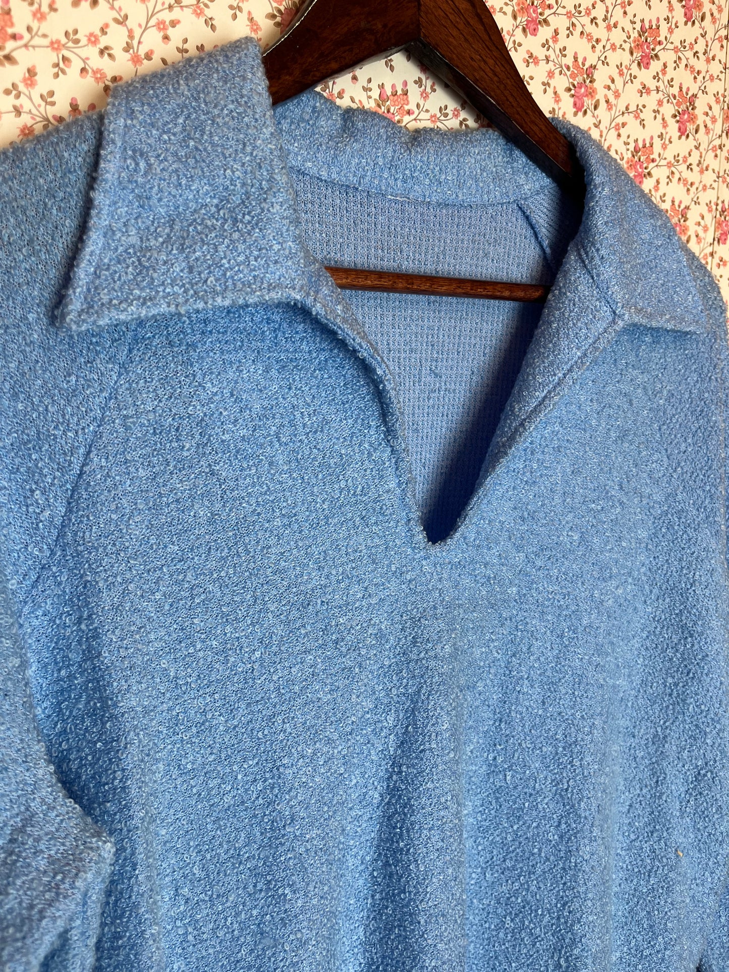 Vintage 1960s Baby Blue Boucle Knit Collared Jumper