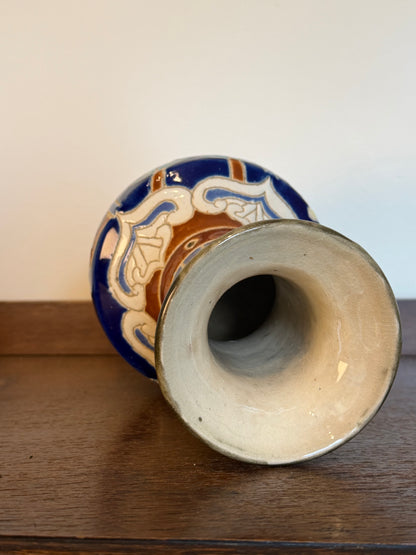 Vintage 1960s Japanese Style Blue Floral Glazed Ceramic Vase