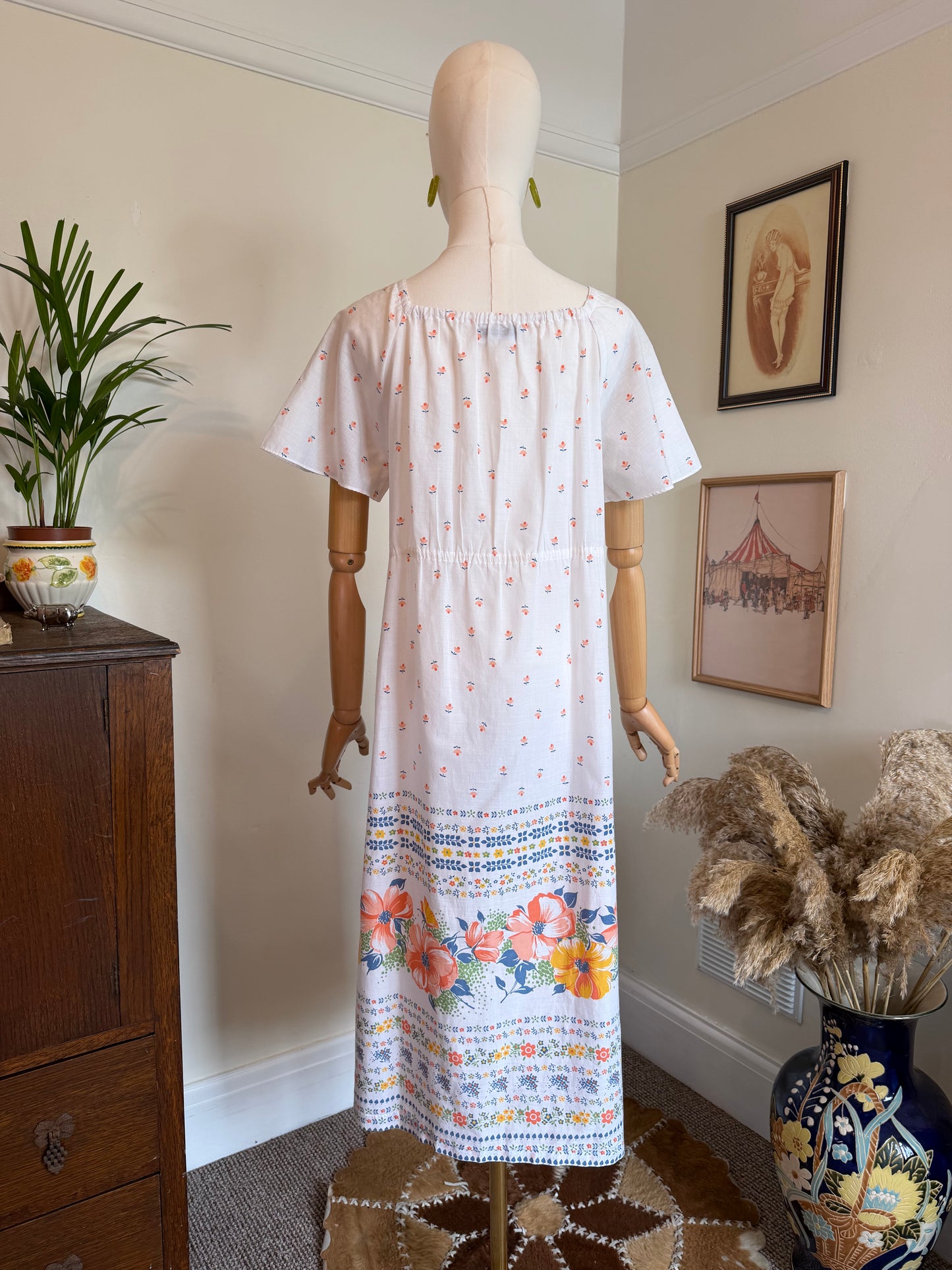 Vintage 1970s Prairie Floral Maxi Dress - Size Large