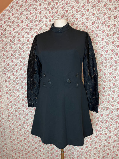 Vintage 1960s Diolen High Neck Lace Sleeve Black Mini Dress