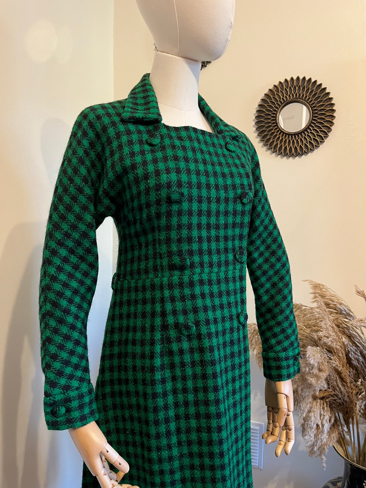 Vintage 1950s Green & Black Checked Wool Coat