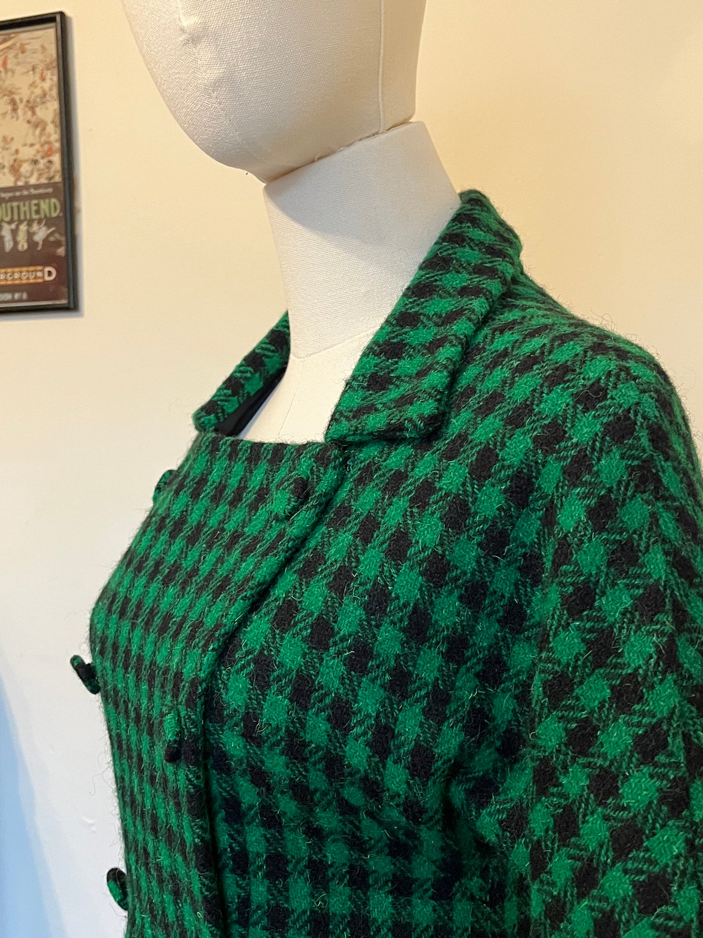 Vintage 1950s Green & Black Checked Wool Coat