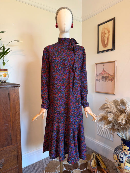 Vintage 1970s Wool Blend Ditsy Print Midi Dress