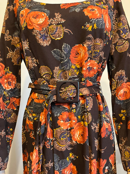 Vintage 1970s Rose Printed Scoop Neck Maxi Dress